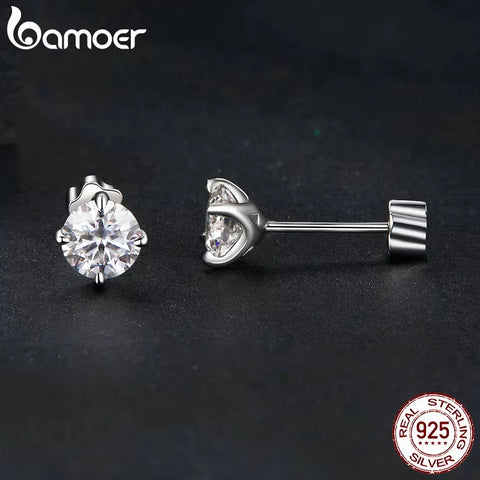 BAMOER Classic Moissanite Earrings – 925 Silver 4-Prong Round Cut Lab Diamond