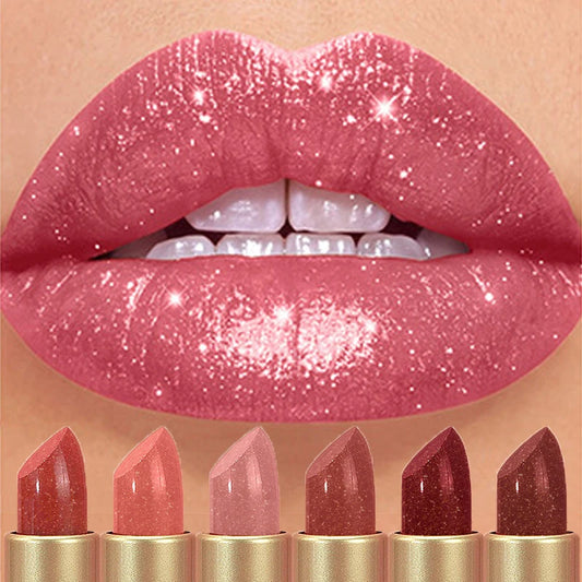 Diamond Pink Lipstick Chocolate Brown Metallic Glitter Lipstick - Long-Lasting Waterproof Shimmer Pearl Sparkling Lip Gloss