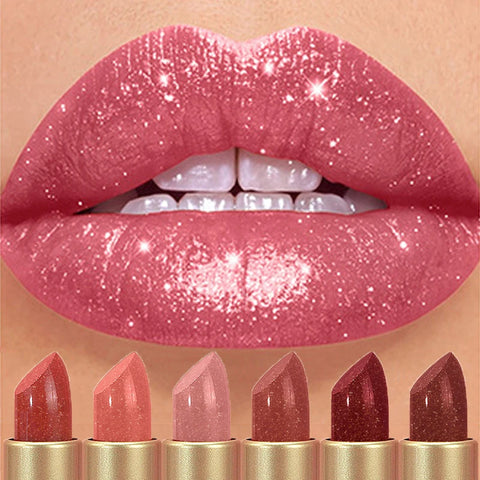 Diamond Pink Lipstick Chocolate Brown Metallic Glitter Lipstick - Long-Lasting Waterproof Shimmer Pearl Sparkling Lip Gloss