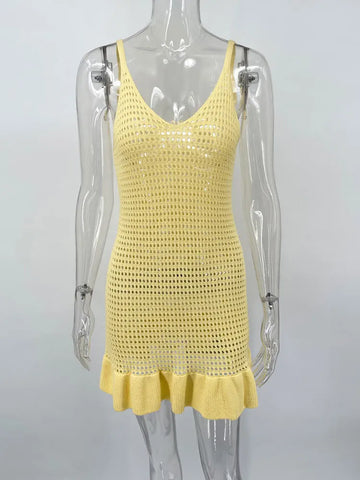 Tossy Knit Rüschen Hollow Out Mini-jurk voor dames - V-hals, transparant, vakantie, strand, casual zomer gebreide jurk