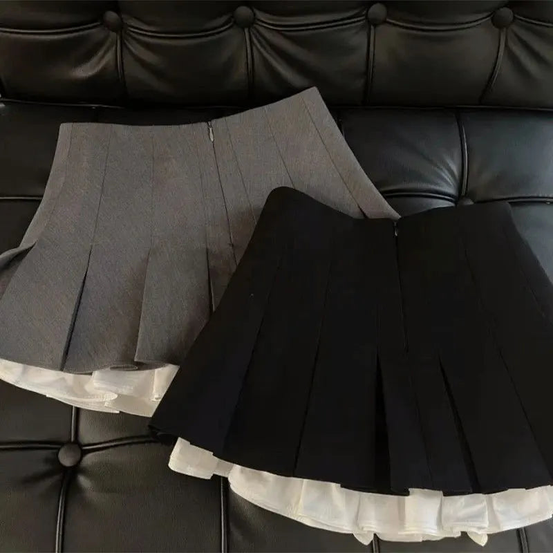 Mooyufon Ruffles Black Mini Skirt for Women – Korean Patchwork Pleated Skirts