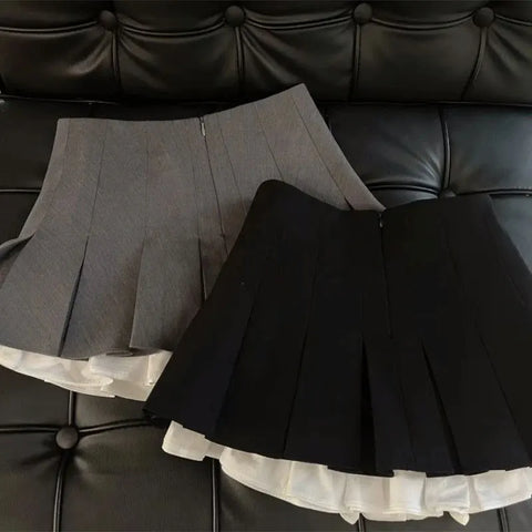 Mooyufon Ruffles Zwarte Minirok voor Dames - Koreaanse Patchwork Geplooide Rokken