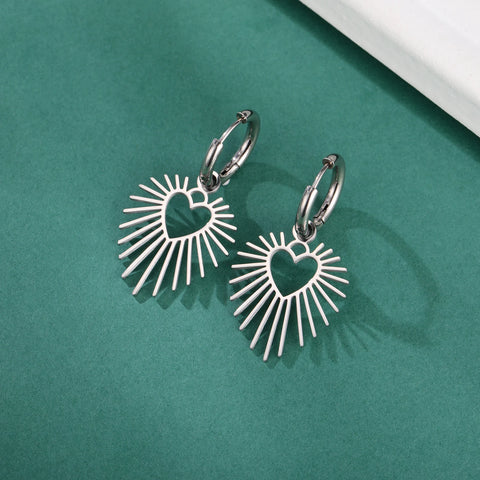 Skyrim Geometric Heart Sun Pendant Drop Earrings - Stainless Steel Hoop Earrings for Women