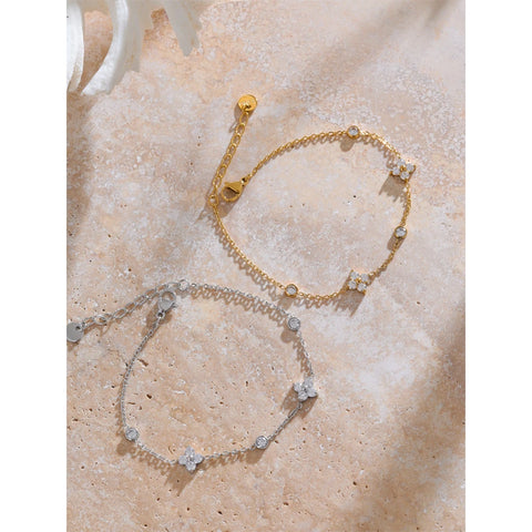 Yhpup Delicate Cubic Zirconia Flower Chain Thin Bracelet Bangle - Rust Proof Stainless Steel Jewelry for Office Ladies