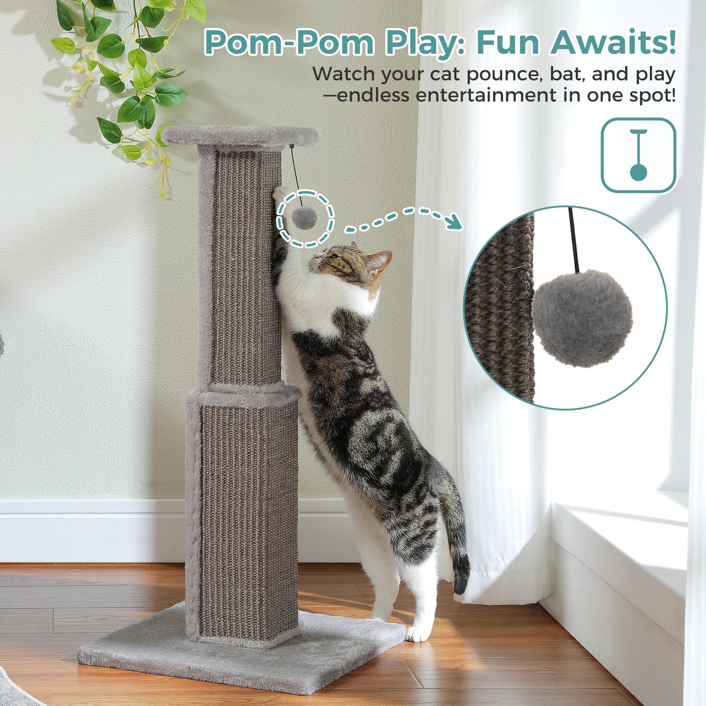 Large Cat Scratching Post for Indoor Cats - Ultimate Scratch Post with Sisal and Dangling Ball