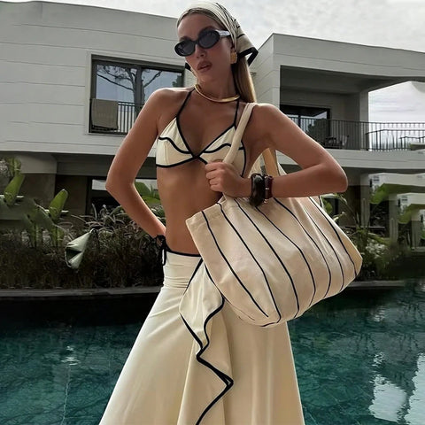 Para Praia Print Driedelige Bikiniset met Lange Rok - Sexy Badpak Strandjurk voor Dames