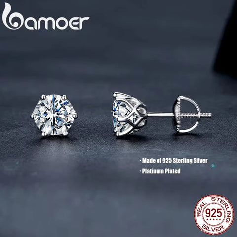 BAMOER Moissanite Stud Earrings – S925 Silver Round Cut