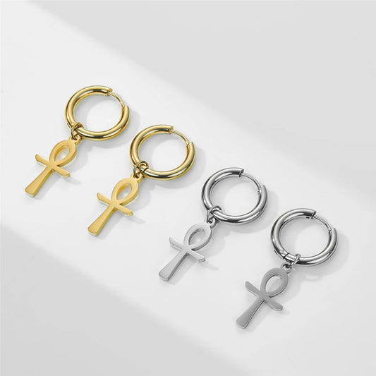 Skyrim Egypt Ankh Cross Drop Earrings - Gold Color Stainless Steel Dangle Earrings for Women