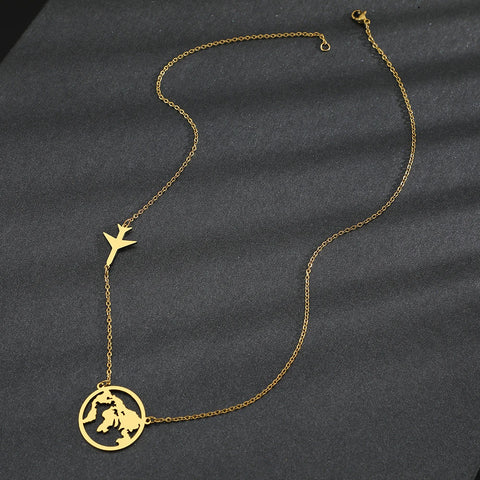 Stainless Steel Airplane Globe Map Necklace - Travel Themed Choker Pendant for Men & Women