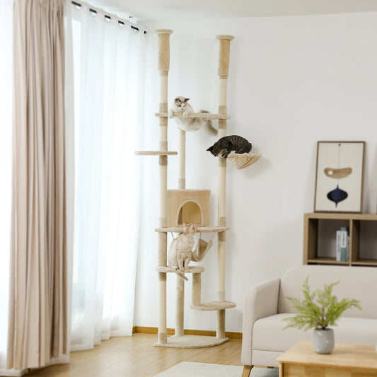 Floor to Ceiling Cat Tree - Adjustable Cat Tower with Cozy Condo, Scratching Posts, and Hammock