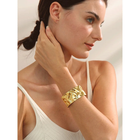 Yhpup Wide Large Stainless Steel Metal Cuff Open Bracelet Bangle - 18K Gold PVD Plated Waterproof Wrist Jewelry