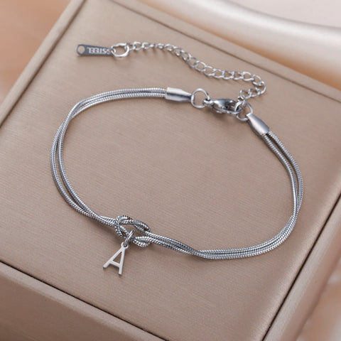 Skyrim Initial Letter Love Knot Bracelets for Couples - Stainless Steel Gold Color