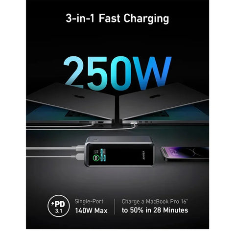 Anker Prime 27650mAh Power Bank – 250W 3-Port Travel Charger with App