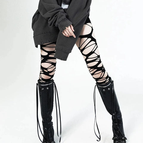 Y2K Punk Women’s Torn Strap Gothic Thigh Knee Socks