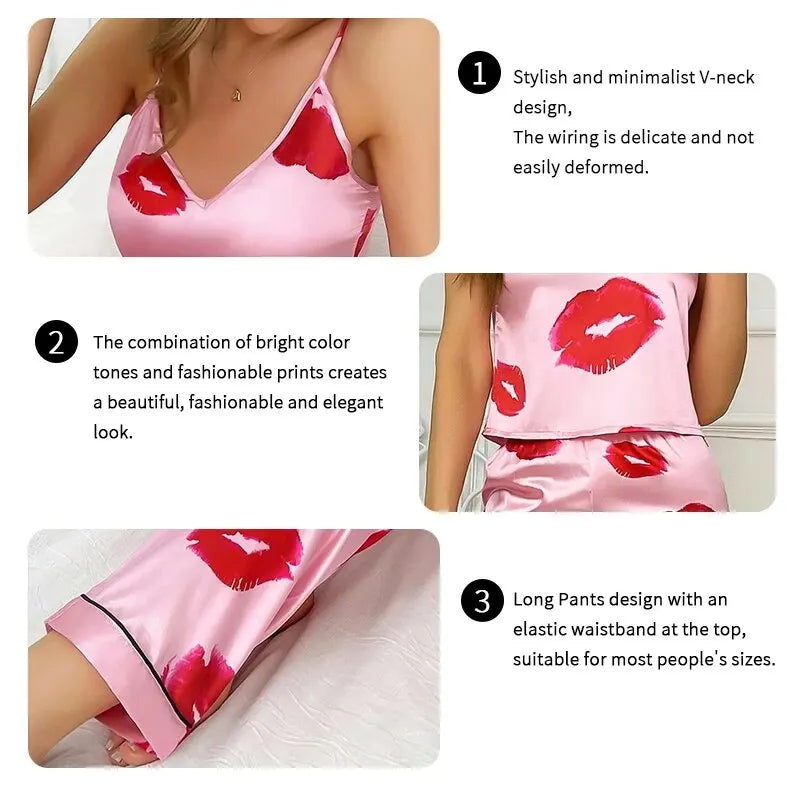 Women's Satin Pajama Set with Lip Print