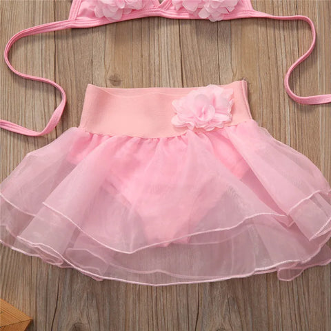Baby Girls Solid Pink Hanging-Neck Tutu Swimsuit