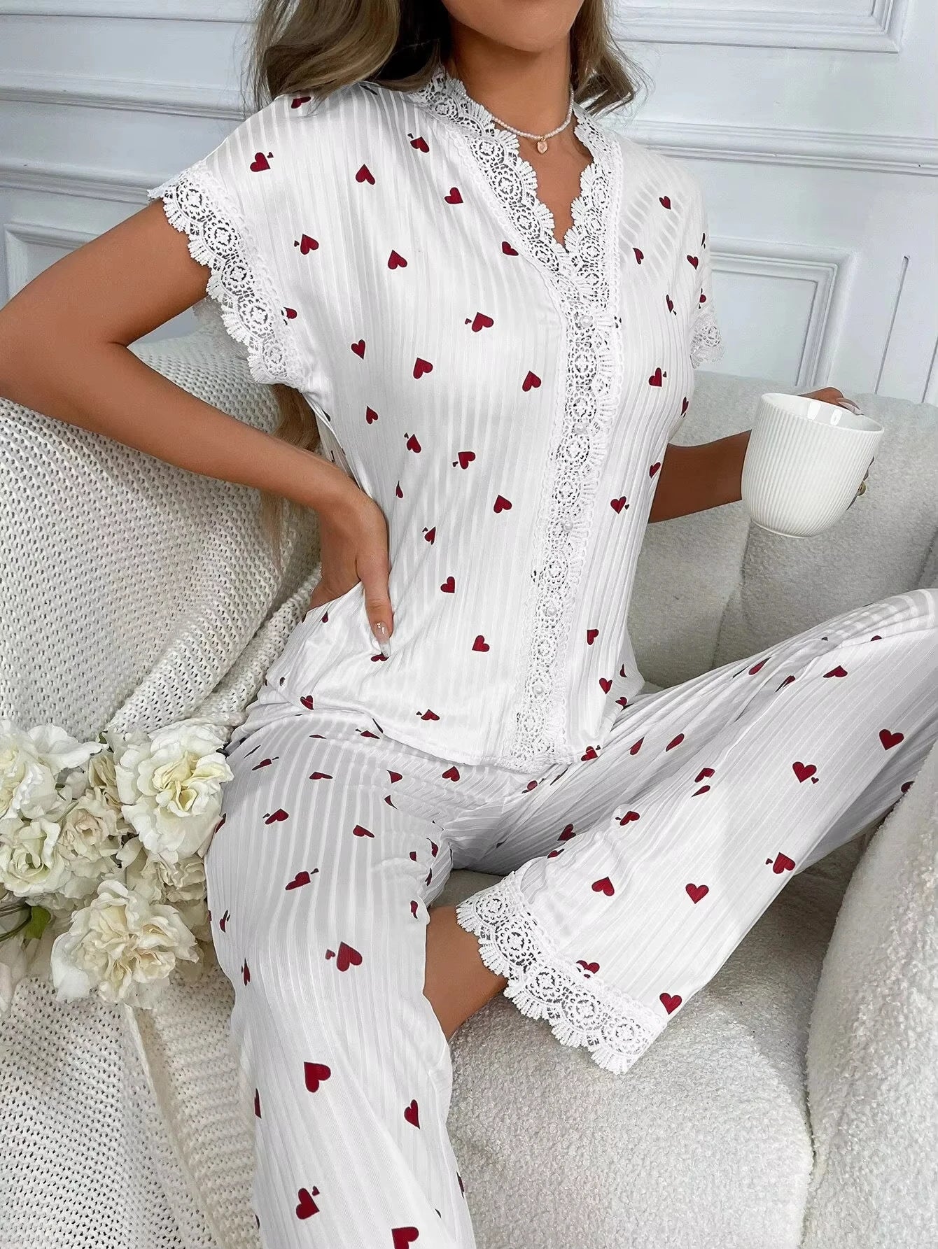 Cherry Print Lace Trim Pajama Set