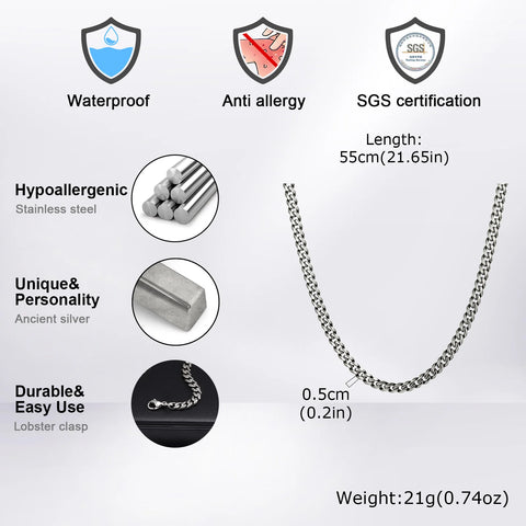 Vintage Chain Necklace for Men and Boys - Retro Grey Stainless Steel Collars
