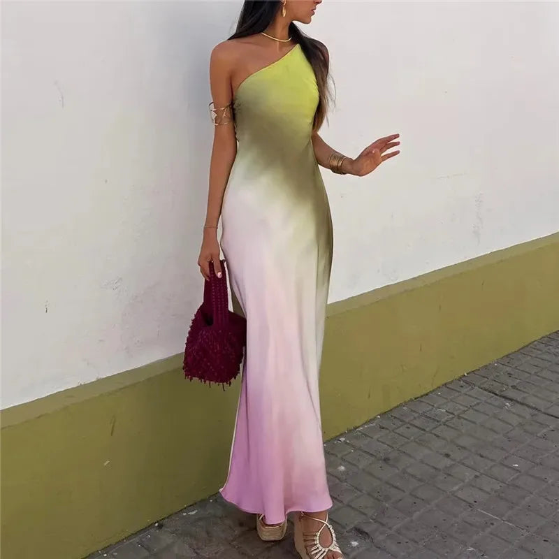 MUJER Tie Dye Long Dress - Asymmetric Satin Backless Evening Dress