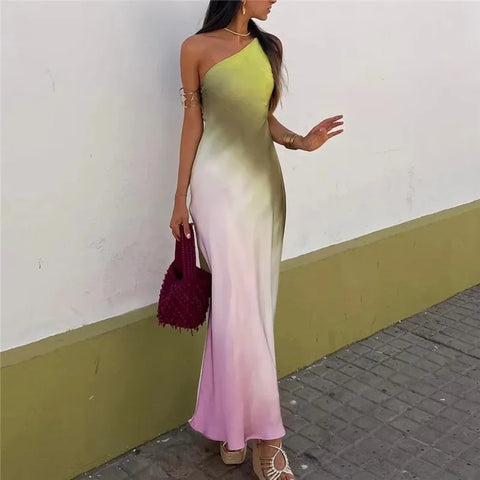 MUJER Tie Dye Long Dress - Asymmetric Satin Backless Evening Dress