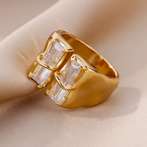Irregular Square Zircon Rings for Women - Stainless Steel Geometric Opening Ring for Weddings and Parties | Trendy Fashion Jewelry Gift 2025