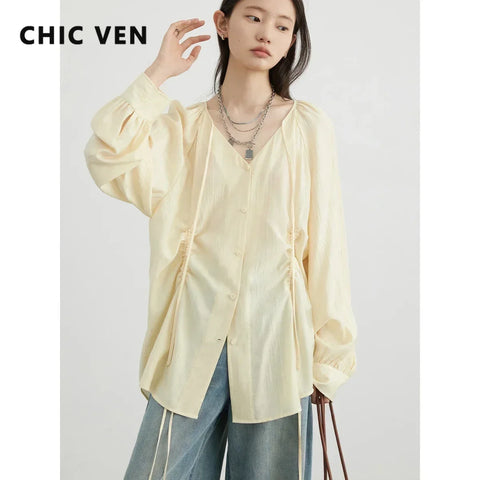 CHIC VEN Women Loose Lace Up Shirt