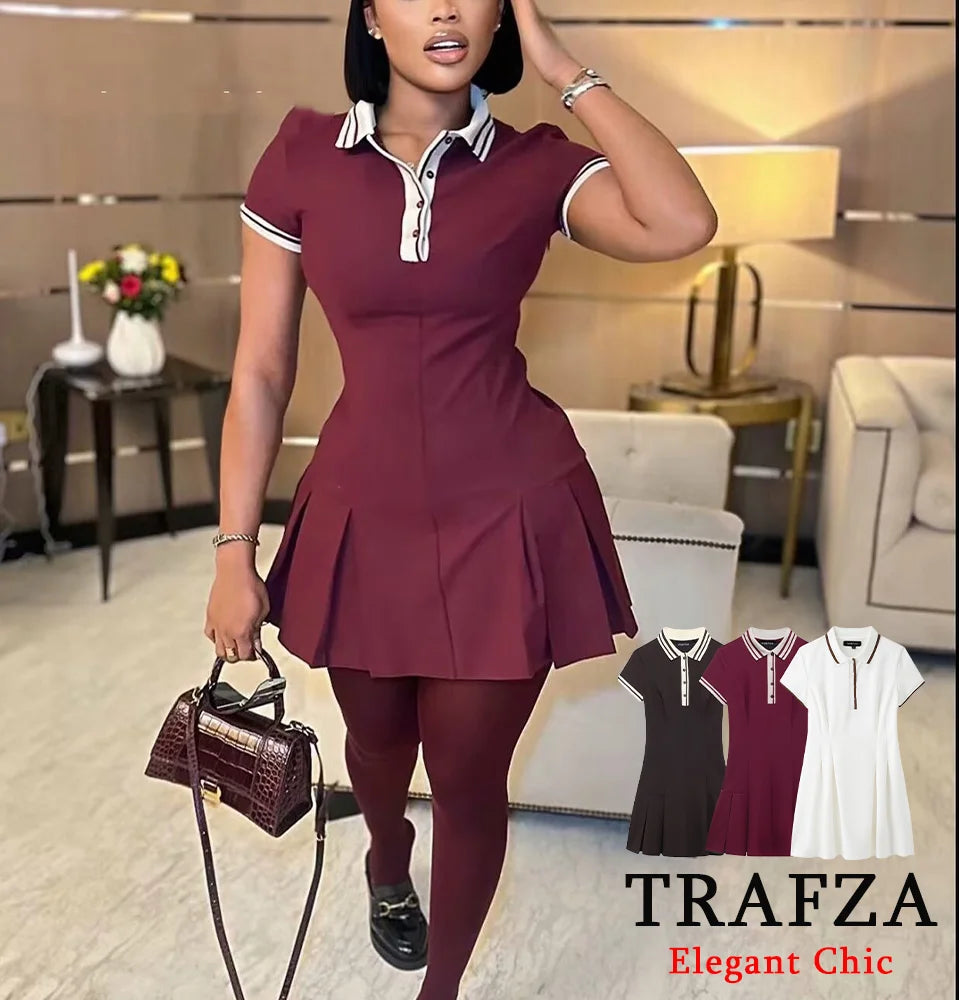 TRAFZA-Women Fashion 2025 Spring Summer Burgundy Dress Contrasting Ribbed Lapel Buttons Dress Classic Campus Angola Red Dress