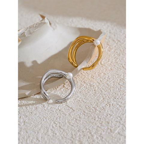 Yhpup Stylish Unique Stainless Steel Pearls Geometric Open Chic Ring for Women