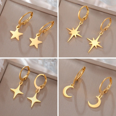 Skyrim Moon Star Drop Earrings – Gold Stainless Steel Hoop Earrings for Women and Girls