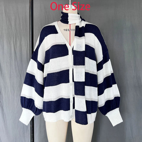 TARUXY Mode Gestreepte Trui Cardigan met Sjaal - Retro Lantaarnmouw Gebreide Top voor Dames