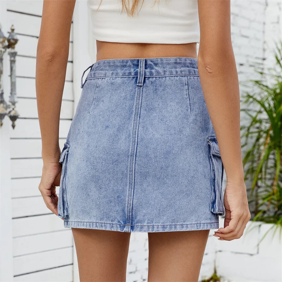 Benuynffy American Retro Multi-pocket Denim Skirt for Women – Summer High Waisted Slim Bodycon A-line Cargo Mini Skirts 2025