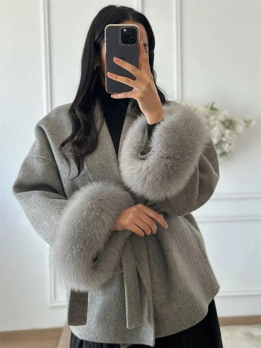 Tossy Fox Fur Wool Overcoat voor dames - Elegante dubbelzijdige wollen korte jas 2025