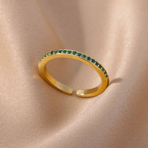 Mini Zircon Green Rings for Women - Adjustable Stainless Steel Gold Color Engagement Wedding Jewelry Gift