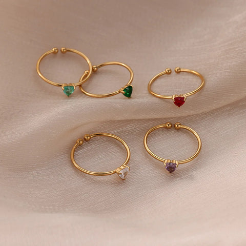 Zircon Heart Birthstone Rings for Women - Adjustable Gold Color Stainless Steel Wedding Jewelry Gift