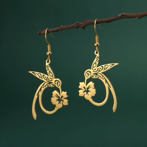 Skyrim Hummingbird Flower Pendant Drop Earrings – Stainless Steel Gold Color Women's Earrings