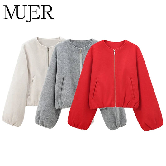 MUJER Rode Bomberjacks met Ritssluiting voor Dames - Zacht Cropped Sportjack met Lange Mouwen 2025