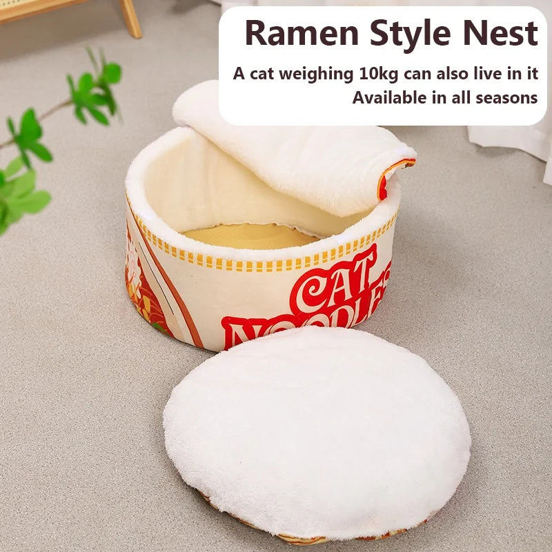 New Winter Cartoon Ramen Cat Nest – Warm, Cute Semi-Enclosed Cat Bed