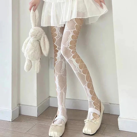Women's Hollow Jacquard Fishnet Tights - Floral Lace Thigh High Pantyhose