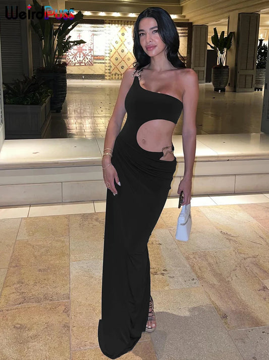 Weird Puss Metal Buckle Dress voor dames - onregelmatige holle split, maxi-bodycon met één schouder