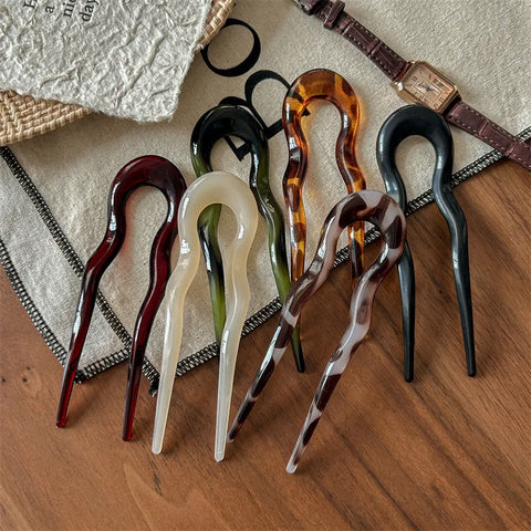 U-Shaped Tortoiseshell Hair Fork - Elegant Acrylic Hairpin for Women and Girls