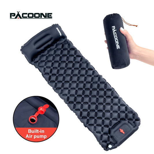 PACOONE Outdoor Camping Sleeping Pad Inflatable Mattress with Pillows - Ultralight Air Mat with Built-in Inflator Pump for Travel and Hiking