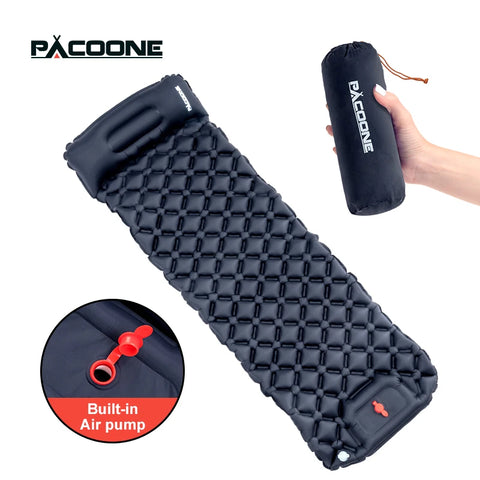 PACOONE Outdoor Camping Sleeping Pad Inflatable Mattress with Pillows - Ultralight Air Mat with Built-in Inflator Pump for Travel and Hiking