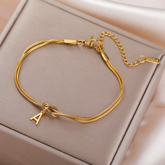 Skyrim Initial Letter Love Knot Bracelets for Couples - Stainless Steel Gold Color