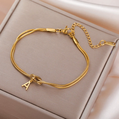 Skyrim Initial Letter Love Knot Bracelets for Couples - Stainless Steel Gold Color