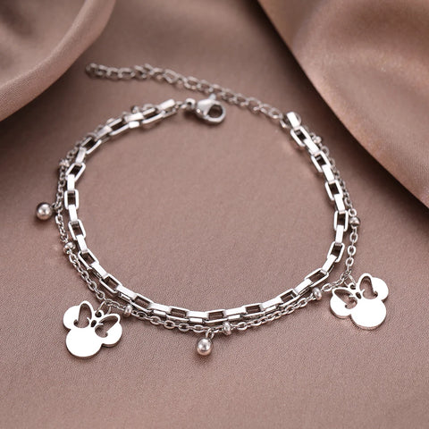 Cute Cartoon Anime Bow Mouse Pendant Stainless Steel Layered Bracelet for Women