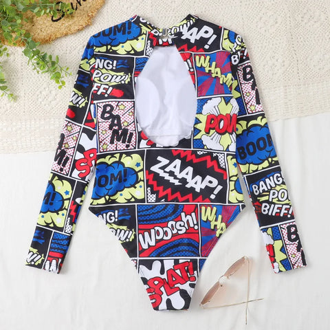 Tropische luxe surfbadpak met lange mouwen - strandkleding met bloemenpatchwork voor dames
