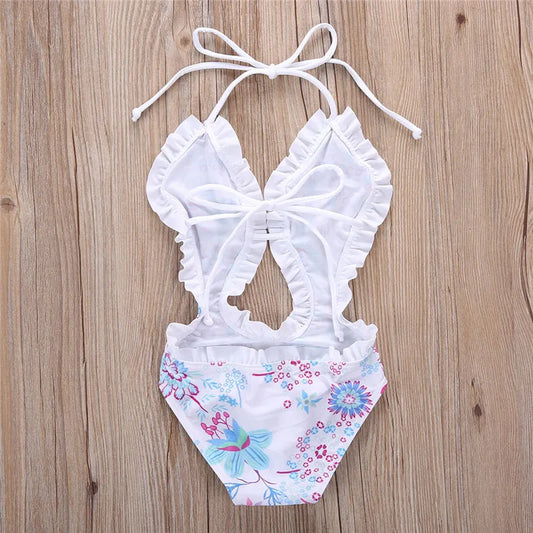 Kids Floral Printed Ruffled Swimwear Bodysuit