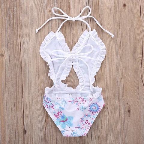 Kids Floral Printed Ruffled Swimwear Bodysuit
