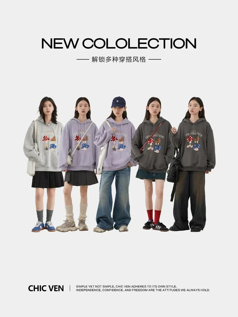 CHIC VEN Korean Women's Cartoon Embroidered Hoodie