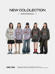 CHIC VEN Korean Women's Cartoon Embroidered Hoodie